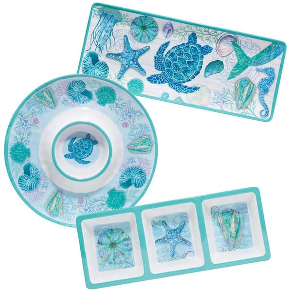Certified International Serene Seas 3-Piece Assorted Colors Melamine Dinnerware Set Service for 3