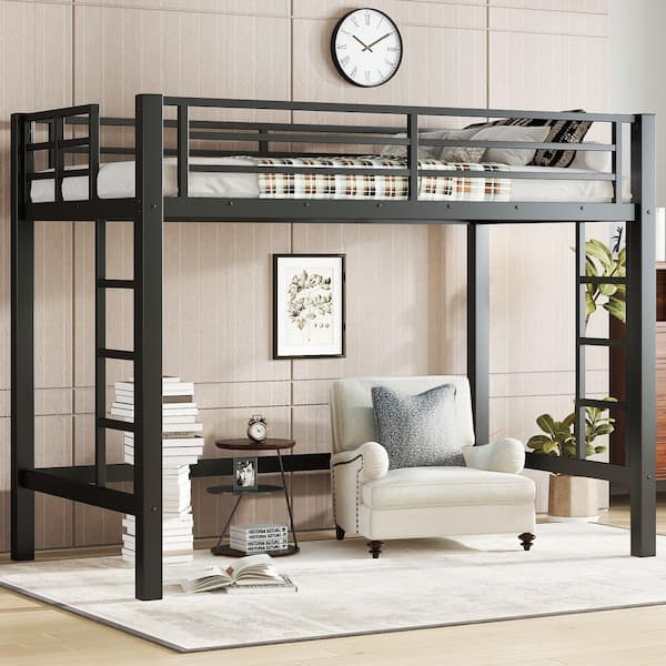 Black Twin Metal Loft Bed with Easy Climbing Ladder and Guardrails