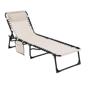 Wood Color Outdoor Metal Folding Chaise Lounge Chair Fully Flat for Beach with Pillow and Side Pocket