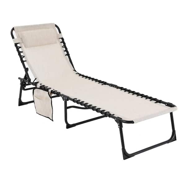 VEIKOUS Wood Color Outdoor Metal Folding Chaise Lounge Chair Fully Flat for Beach with Pillow and Side Pocket