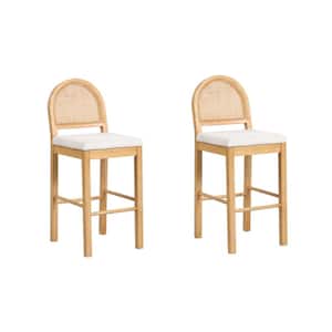 Bailey 29 in. Upholstered Boucle Rattan and Wood Bar Height Bar Stool w/ Woven Back, Cream Boucle/Warm Pine, Set of 2