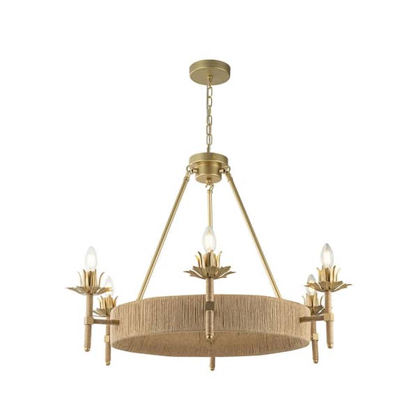 ELE Light & Decor Aleena 6-Light Gold Farmhouse Woven Wagon Wheel Chandelier Antique Leaf for Living Room with No Bulbs Included