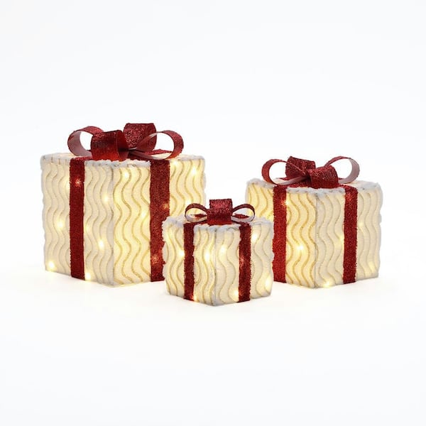 12 in. 3-Piece Prelit Wavy-Design Christmas Gift Box Set with Decorative Red Ribbons and Bows