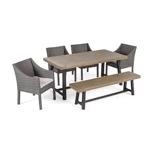 Calero Sandblast Grey 6-Piece Wood and Grey Faux Rattan Outdoor Dining Set with Silver Cushions