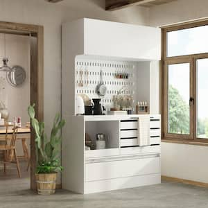 White Color Wood 47.2 in. W Buffet Kitchen Cabinet Food Pantry With Metal hooks, Drawers, Open Work Table (78.7 in. H)