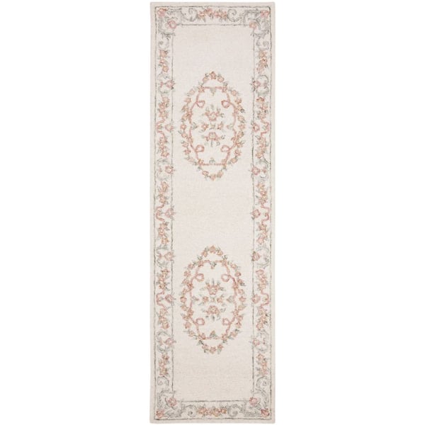 Aubusson 2 ft. x 12 ft. Ivory/Pink Floral Runner Rug