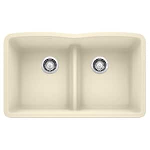 DIAMOND Undermount Granite Composite 32.06 in. 50/50 Double Bowl Kitchen Sink with Low Divide in Biscuit