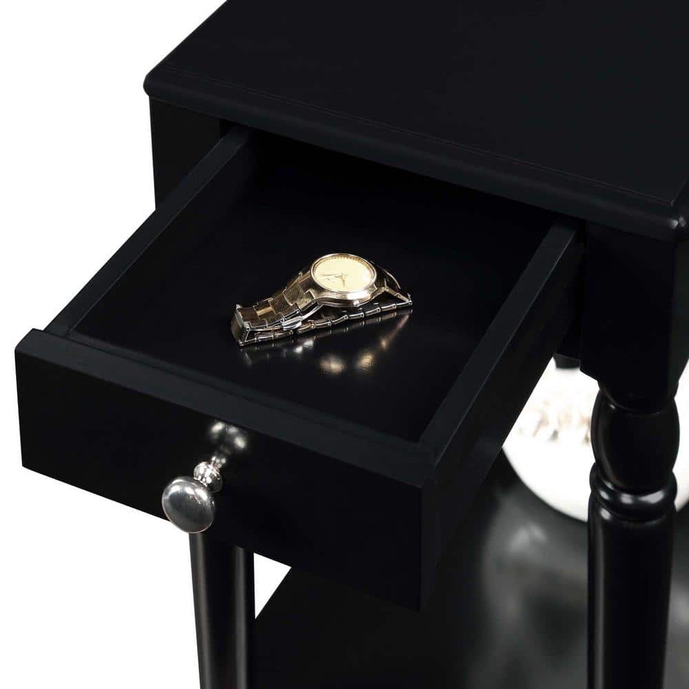 Elegant Square Black Wood End Table with Storage and Turned Legs