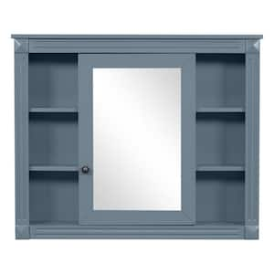 35 in. W x 29 in. H Gray Blue Rectangular Wood Medicine Cabinet with Mirror and 6-Open Shelves