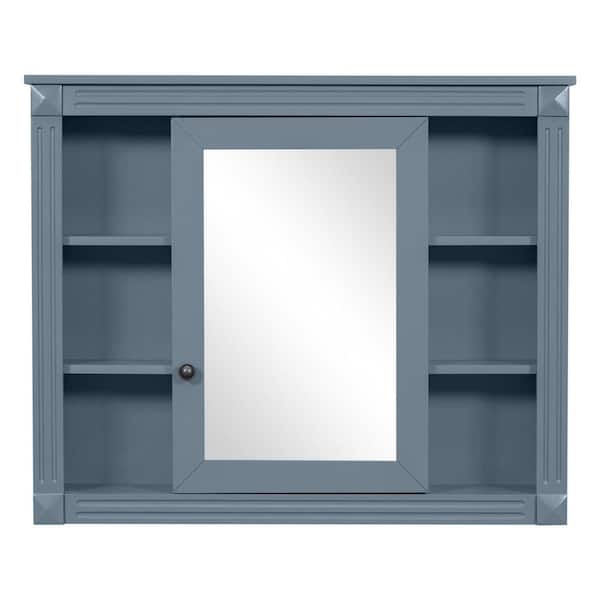 35 in. W x 29 in. H Gray Blue Rectangular Wood Medicine Cabinet with Mirror and 6-Open Shelves