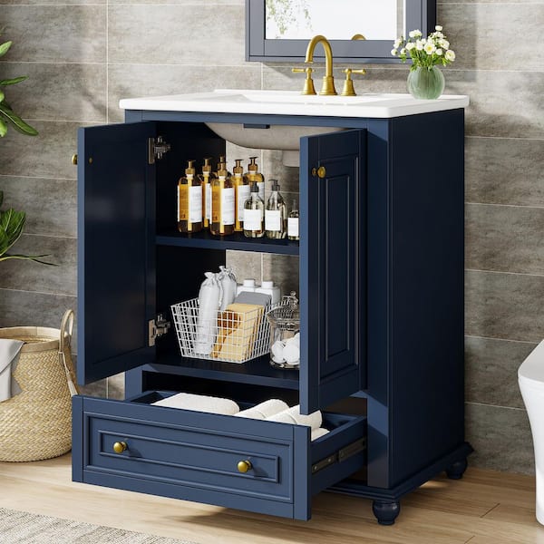 24 in. Single Sink Freestanding Blue Bath Vanity with White Cultured Marble Top