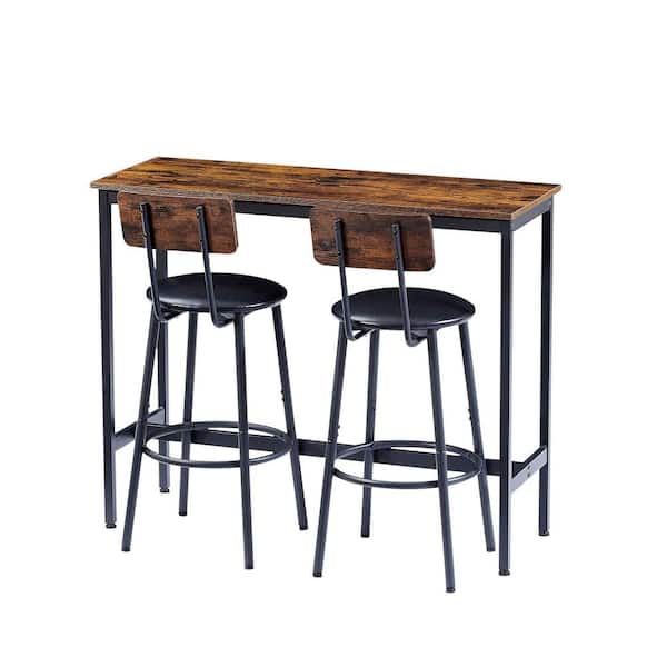 Brown 35.4 in. H Dining Set with Wooden Top Table and 2 Stools