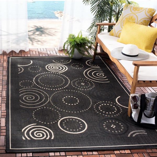 Courtyard Black/Sand 9 ft. x 12 ft. Border Indoor/Outdoor Patio  Area Rug