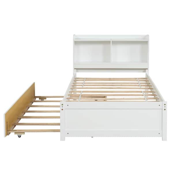42 in.W White Twin Size Bed with Trundle and Bookcase, Wood Platform Beds with Headboard Storage for Kids Teens Adults
