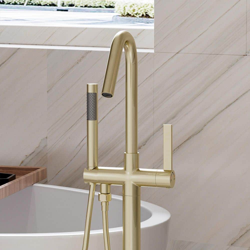 45.28 in. H Single Handle Free Standing Tub Faucet with Shower in Brushed Gold price history on PriceWatchPro