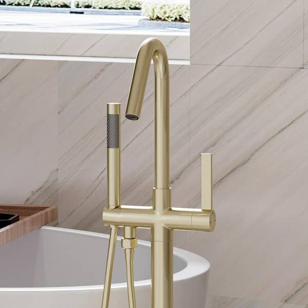 45.28 in. H Single Handle Free Standing Tub Faucet with Shower in Brushed Gold