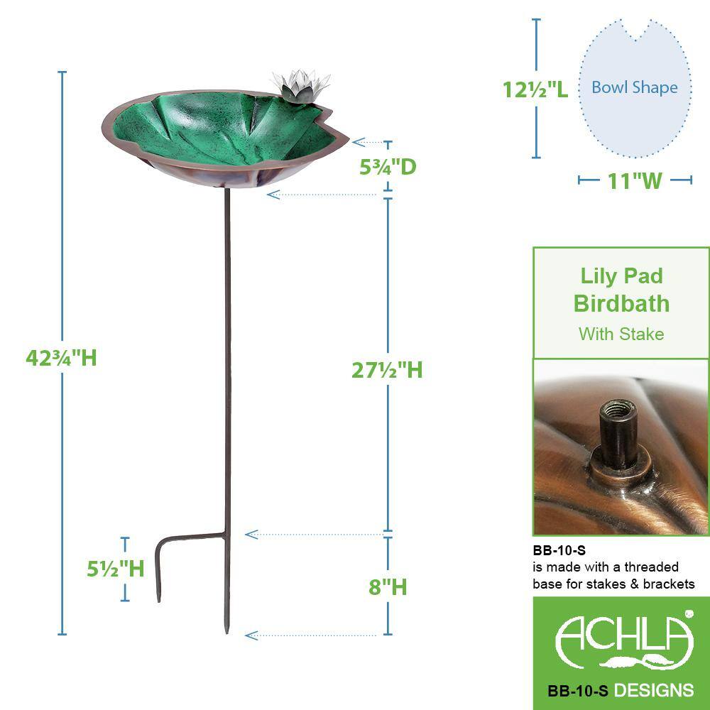 Green Patina Metal Lilypad Birdbath with Stake