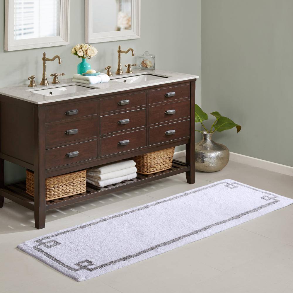 White and Gray Cotton Tufted Bath Rug with Geometric Border