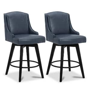 Sean 26 in. Blue High Back Solid Wood Frame Swivel Counter Height Bar Stool with Faux Leather Seat (Set of 2)
