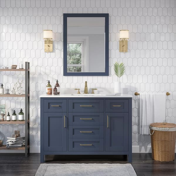 OVE Decors Tahoe 48 in. Single Sink Midnight Blue Bath Vanity with White Engineered Stone Top and Mirror (Assembled)
