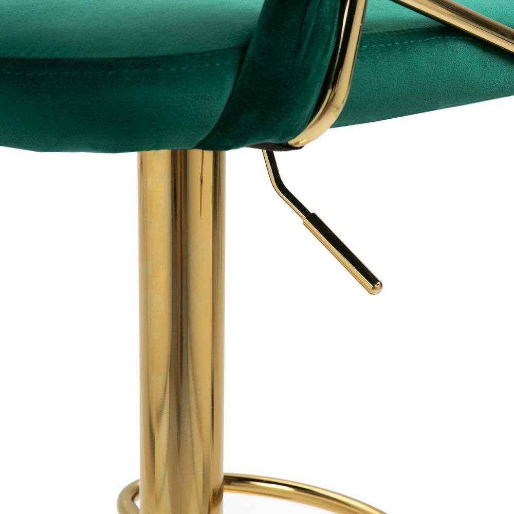Emerald Green Velvet Adjustable Swivel Bar Stools with Gold Base, Set of 2