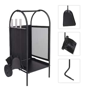 14"D x 14"W x 31.5"H Iron Firewood Storage Log Rack in Black with Wheels and 3 Fireplace Tool Set