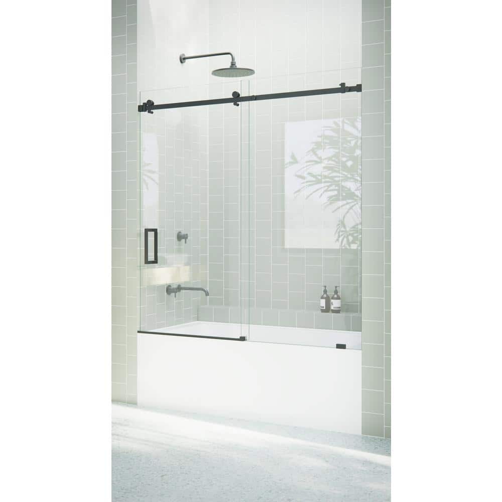 Astro Frameless Sliding Bathtub Door in Matte Black with Tempered Glass