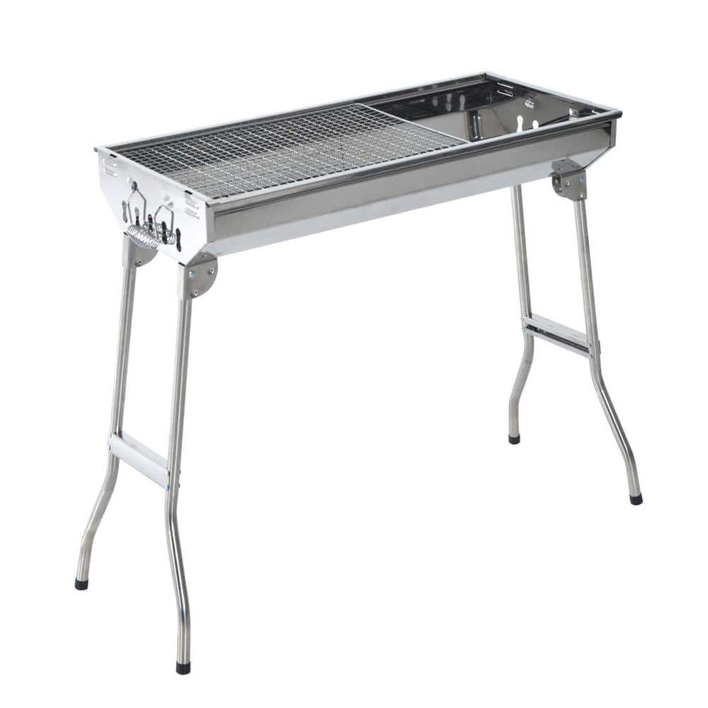 Outsunny 28 in. Steel Small Portable Folding Charcoal BBQ Grill in Silver with Lightweight Design & Included Grilling Accessories 846-014 - Home Depot