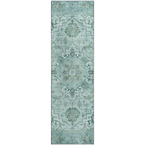 Mayfield Premium Machine Washable Abstract AMF2164 Teal 2 ft. x 7 ft. Runner Rug