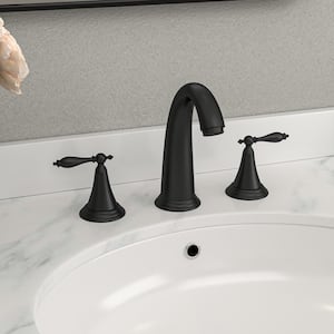 8 in. Widespread Low Arc Double-Handle Bathroom Faucet with Drain Assembly in Matte Black