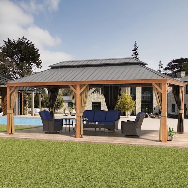 12 ft. x 22 ft. Double Galvanized Steel Roof Aluminum Frame Outdoor Patio Hardtop Gazebo Wooden Finish Coated