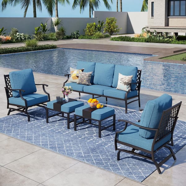 PHI VILLA Black 5-Piece Metal Meshed 7-Seat Outdoor Patio Conversation Set with Denim Blue Cushions,2 Motion Chairs and 2 Ottomans