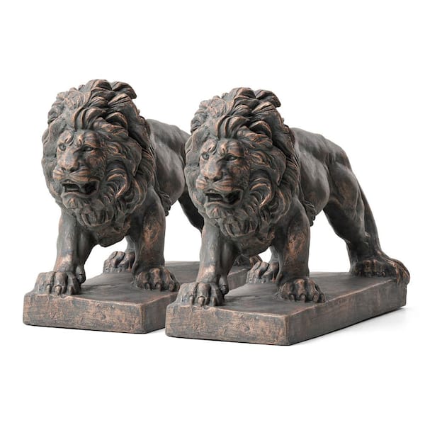 Glitzhome 24.5 in. L MGO Bronze Walking Lion Garden Statue (Set of 2)