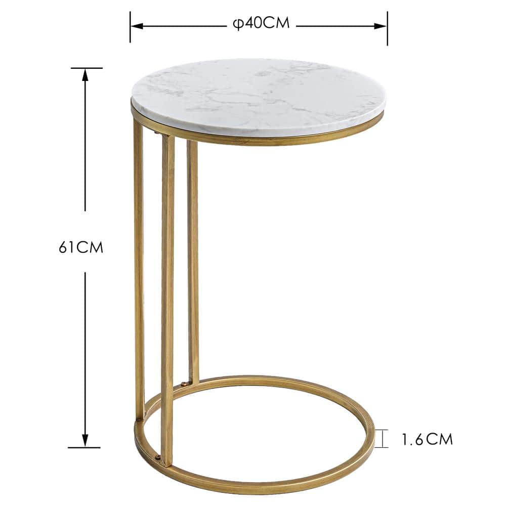 Round White Faux Marble and Gold Metal Side Table