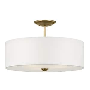 Shailene 18 in. 3-Light Natural Brass Round Hallway Transitional Semi-Flush Mount Ceiling Light with Microfiber Shade