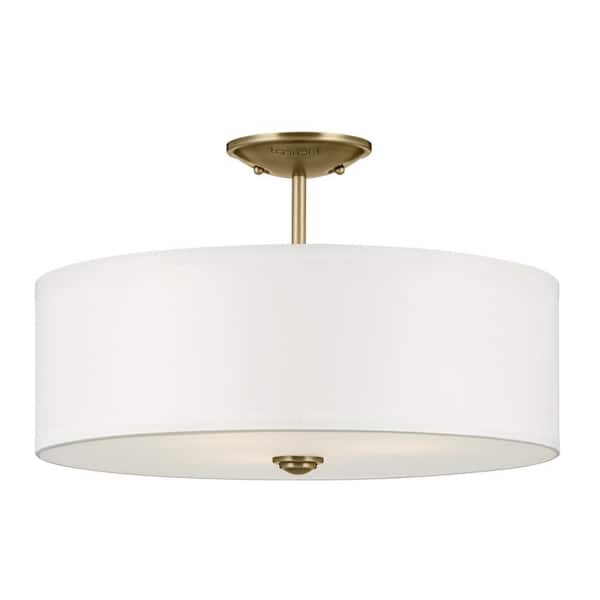KICHLER Shailene 18 in. 3-Light Natural Brass Round Hallway Transitional Semi-Flush Mount Ceiling Light with Microfiber Shade