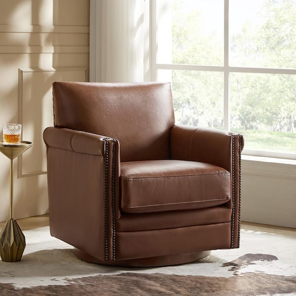 JAYDEN CREATION Shelbi Brown 29.5 in. Mid-century Modern Genuine Leather Swivel Chair with Solid Wood Base