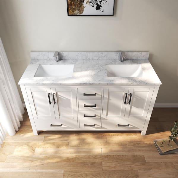 60 in. W x 22 in. D x 35 in. H Double Sinks Bath Vanity Cabinet in White with Cultured Marble Top