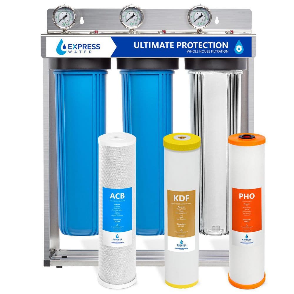 Heavy Metal Anti-Scale 3 Stage Whole House Water Filtration System - Ultimate Protection Polyphosphate, KDF, Carbon -  Express Water, WH300SCKP