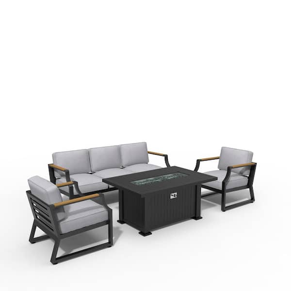 moda furnishings Yamy Black 4-Piece Aluminum Patio Fire Pit Conversation Set with Gray Cushions