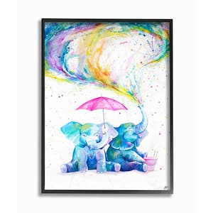 16 in. x 20 in. "Rainbow Watercolor Spraying Elephants with Pink Umbrella" by MarcAllante Framed Wall Art