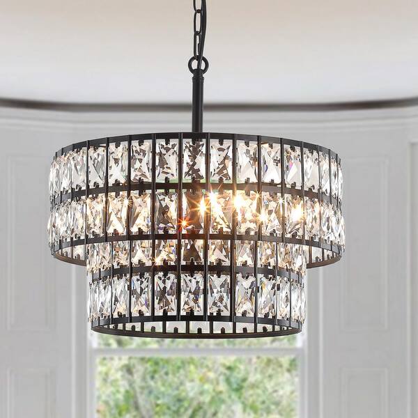 Rviezza 2-Tier Modern Drum Black K9 Crystal Chandelier，5-Light