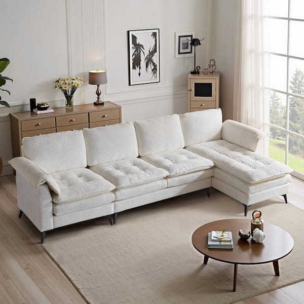 Double-Layer Cushion's Collection 130 in Wide Pillow Top Arm Chenille L-shaped Modern Sectionals Sofa in. White