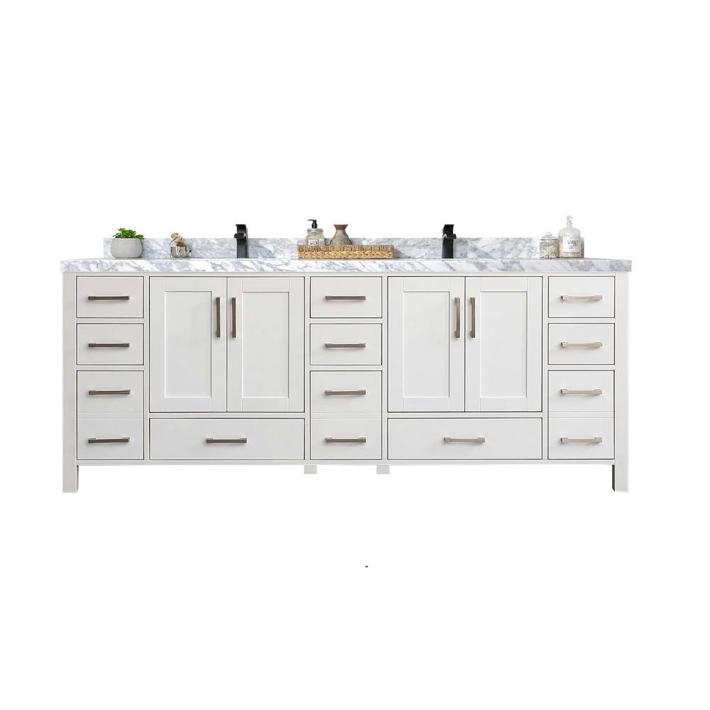 Malibu 84" White Solid Wood Double Sink Vanity with Carrara Marble Top