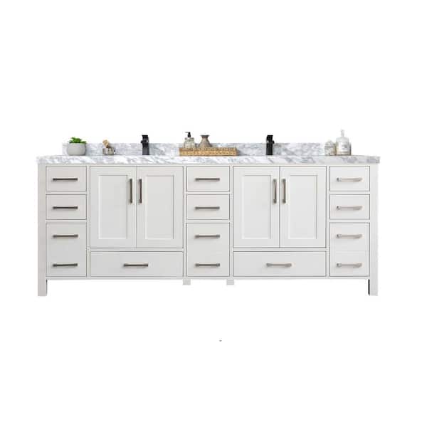 Willow Collections Malibu 84 in. W x 22 in. D x 36 in. H Double Sink Bath Vanity in White with 2 in. Carrara Marble Vanity Top