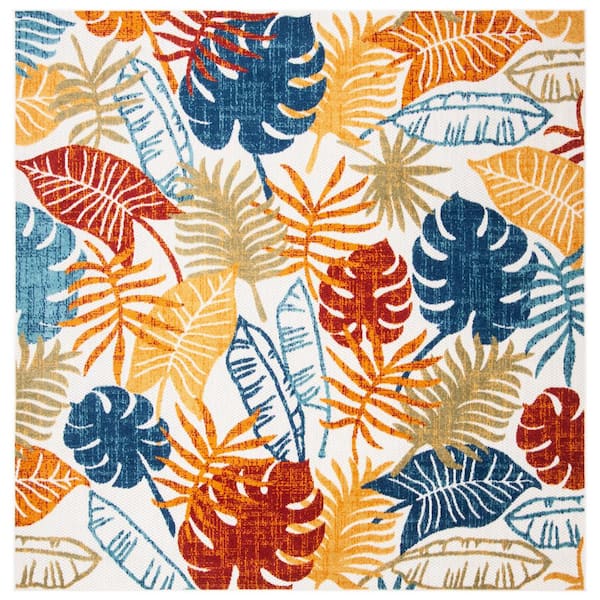 Cabana Cream/Red 4 ft. x 4 ft. Geometric Leaf Indoor/Outdoor Patio  Square Area Rug