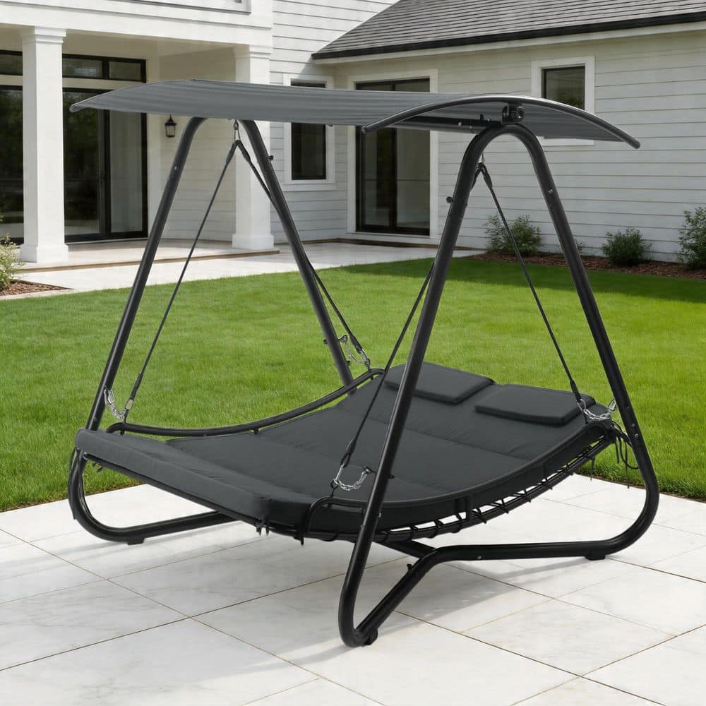 Outdoor Swing Bed with Canopy, 2-Person Patio Swing Chair, Heavy Duty Steel Frame, Adjustable Sunshade, Gray price history on PriceWatchPro
