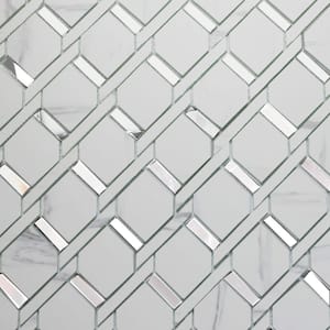 Art Deco Carrara White Diamond Ring Mosaic 13.84 in. x 13.85 in. Marble Look Glass Wall Tile (10 Sq. Ft./Case)