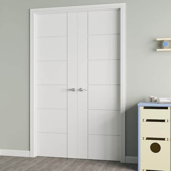 48 in. x 80 in. 6 Panel Flush Universal-Handed Painted Solid Core Wood Double Prehung French Door + Quick Assemble Jamb