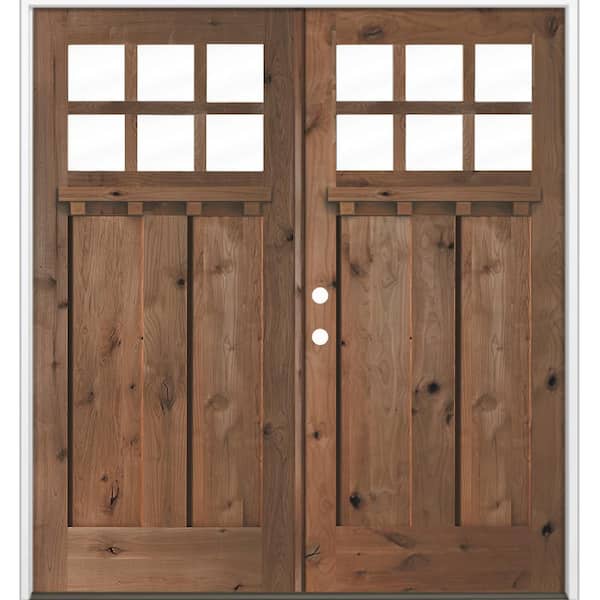 64 in. x 80 in. Knotty Alder Right-Hand/Inswing Double DS 6-Lite Clear Glass True Black Stain Wood Prehung Front Door